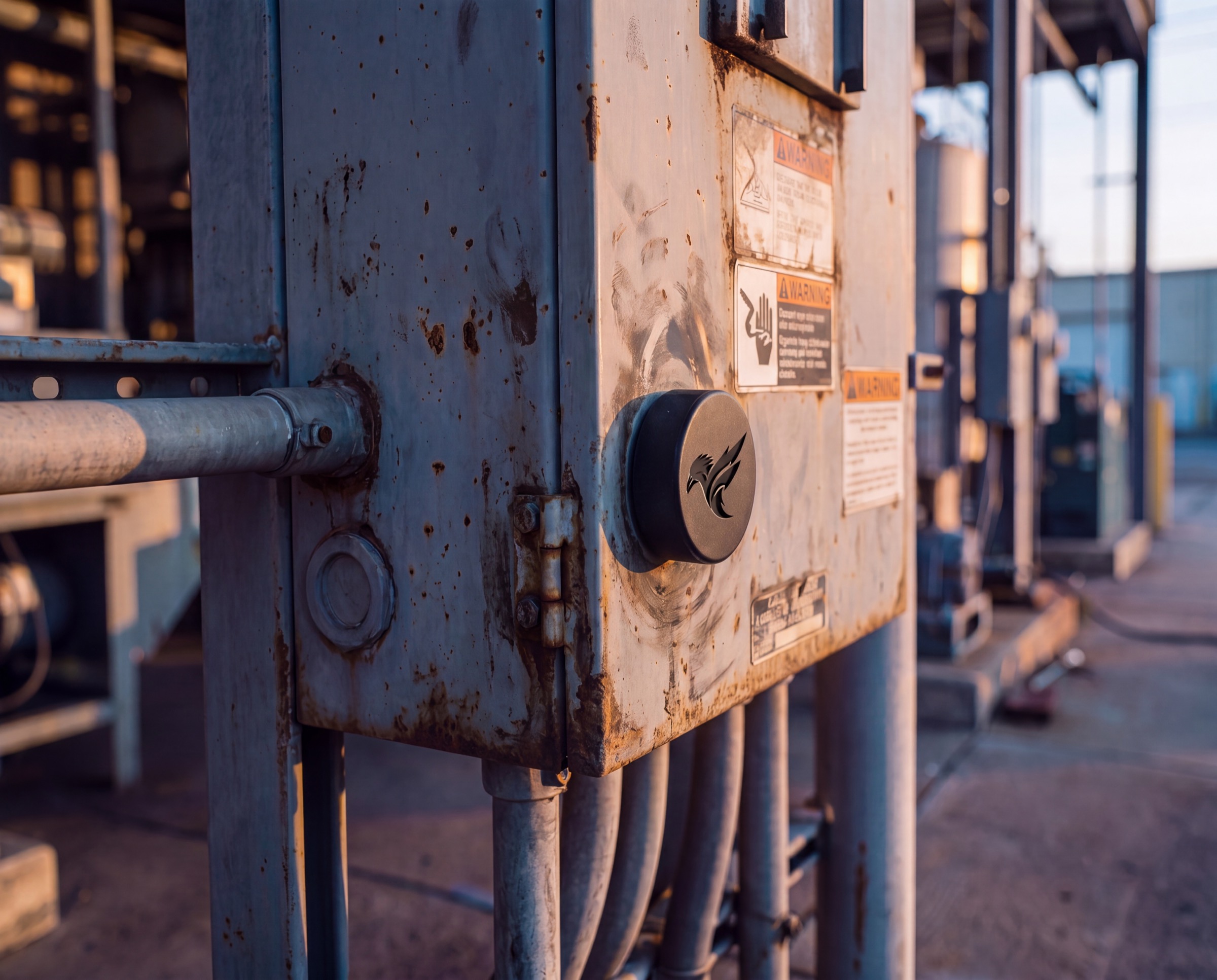 A Raven device attached to an industrial electrical cabinet at dusk