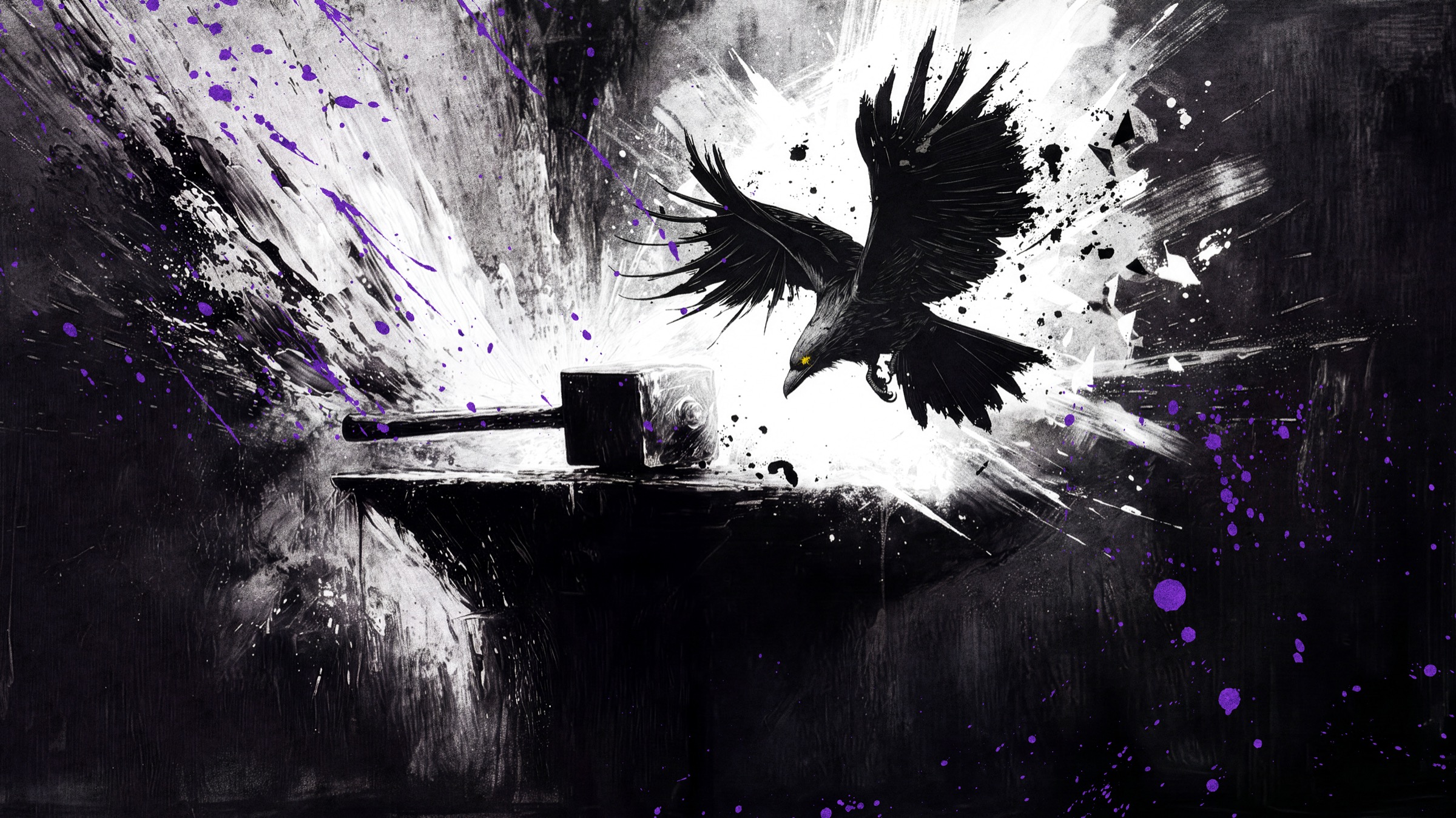 A raven rendered in black and purple ink splatter